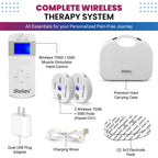 iReliev complete wireless therapy system set including a white wireless TENS + EMS hand control, a white hard carrying case, two wireless TENS + EMS pads, a dual USB plug adapter, and charging wires, all arranged on a white background with text labels.