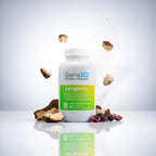 SensIQ Longevity supplement bottle with natural elements on a light background