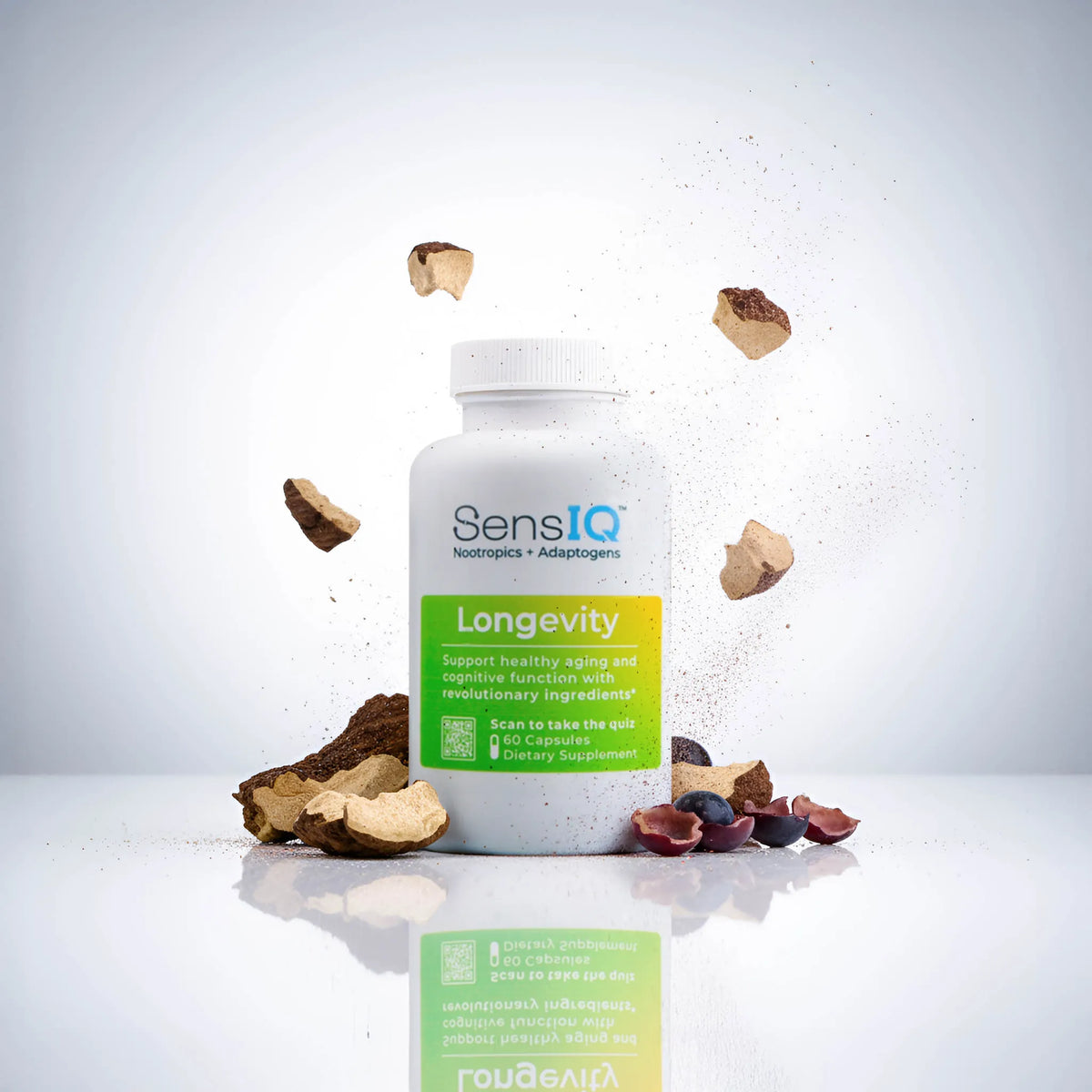 SensIQ Longevity supplement bottle with natural elements on a light background