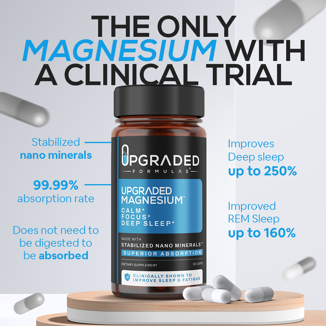 Upgraded Formulas magnesium supplement bottle with text highlighting benefits on a light gray background