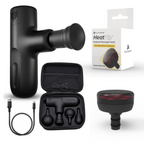 Black massage gun with accessories and packaging on a white background