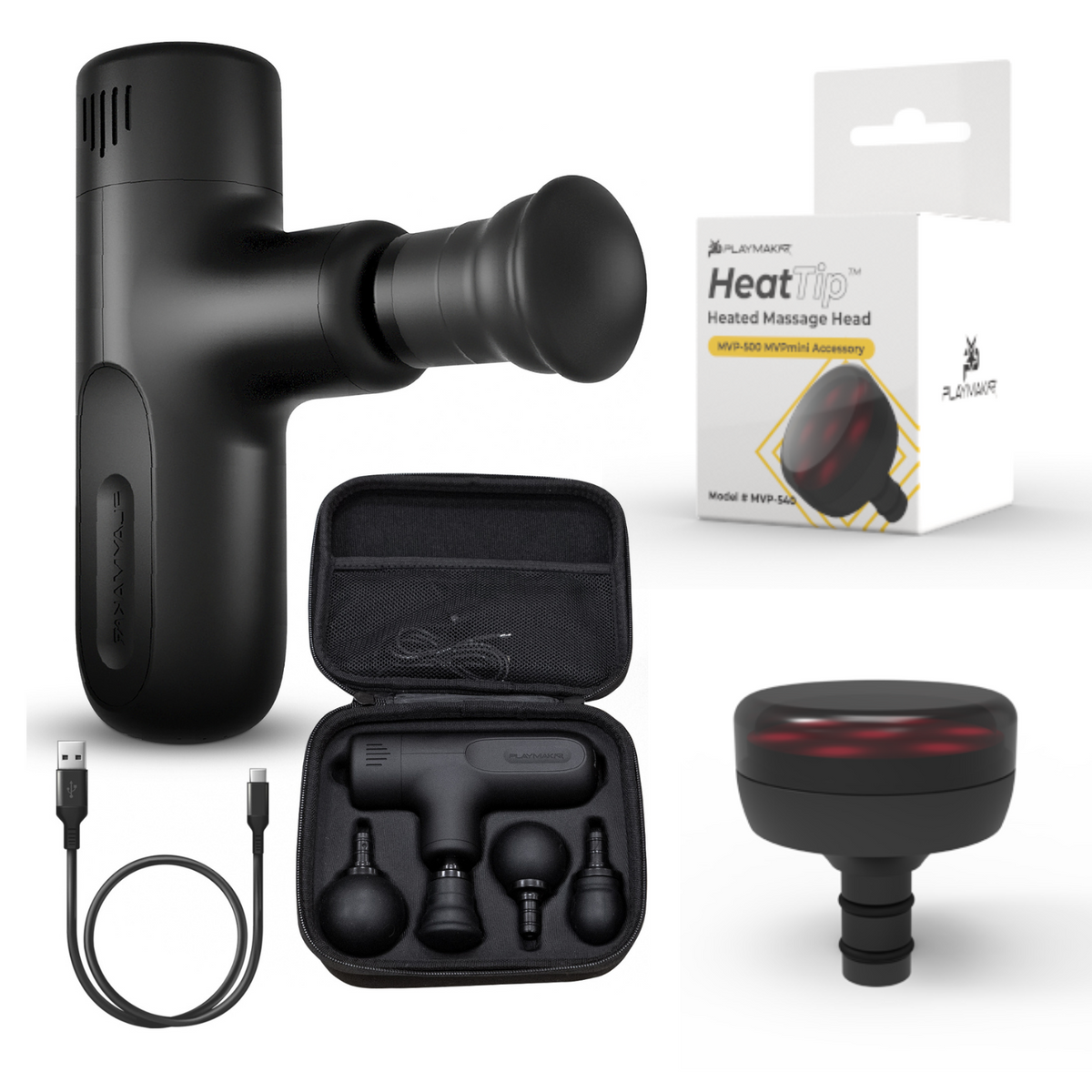 Black massage gun with accessories and packaging on a white background