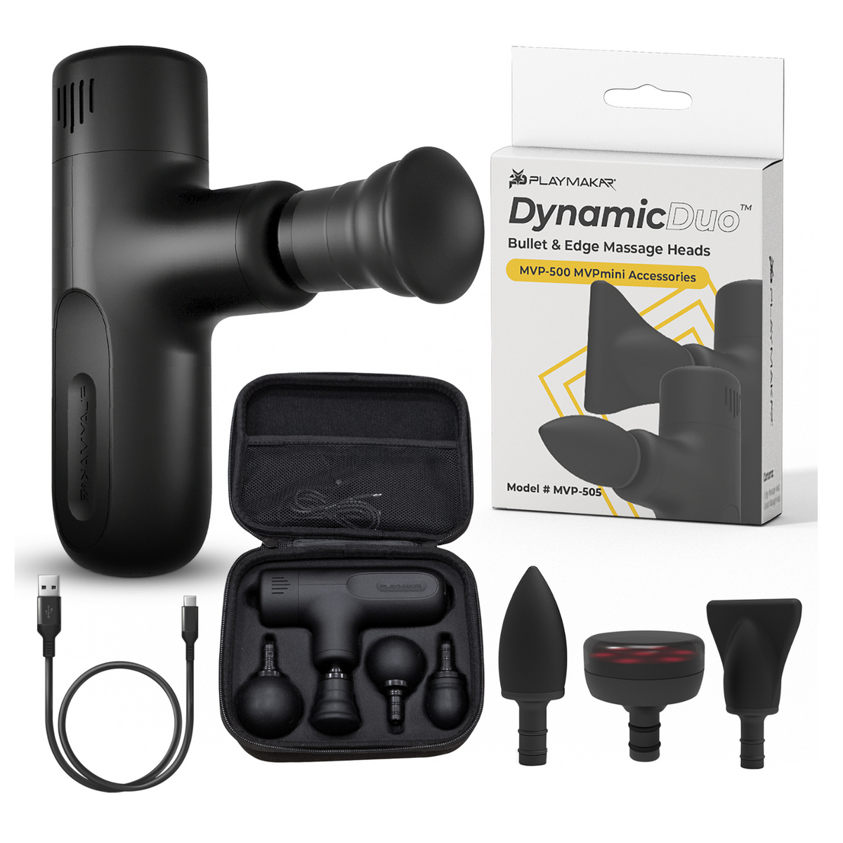 Massage gun set with attachments and packaging on a white background