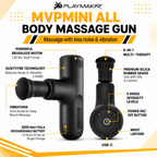 Playmaker MVP Mini All Body Massage Gun with features highlighted on a white background
