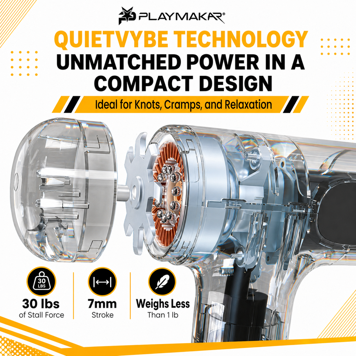 Playmaker Quietvybe technology device with specifications on a white background