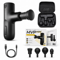 Black MVP Mini massage gun set shown with its carrying case, USB charging cable, four interchangeable massage heads, and retail packaging on a clean white background.