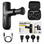 Black MVP Mini massage gun set shown with its carrying case, USB charging cable, four interchangeable massage heads, and retail packaging on a clean white background.