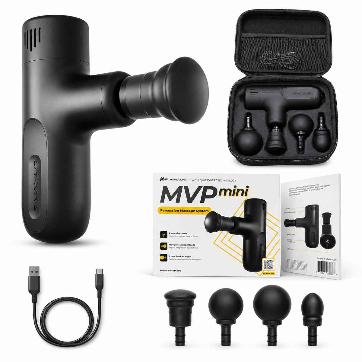 Black MVP Mini massage gun set shown with its carrying case, USB charging cable, four interchangeable massage heads, and retail packaging on a clean white background.