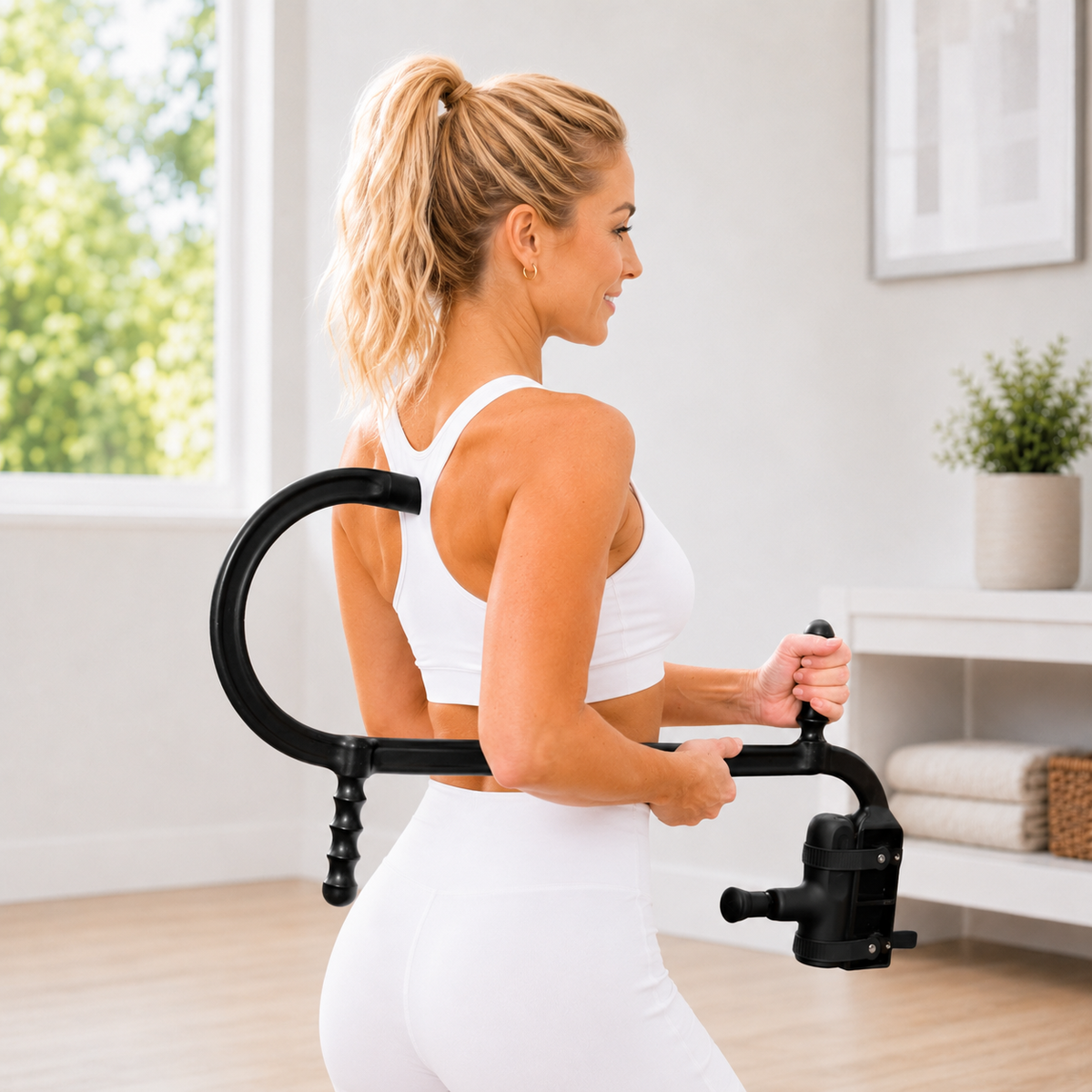 Woman exercising on a black exercise machine in a bright room with a window and plants.