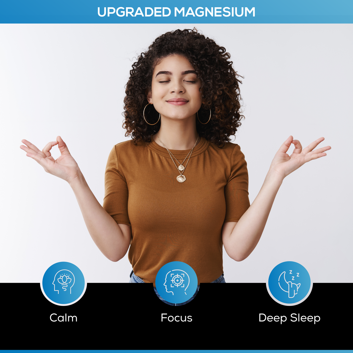 Woman meditating with 'Upgraded Magnesium' text above, and icons for 'Calm', 'Focus', and 'Deep Sleep' below.