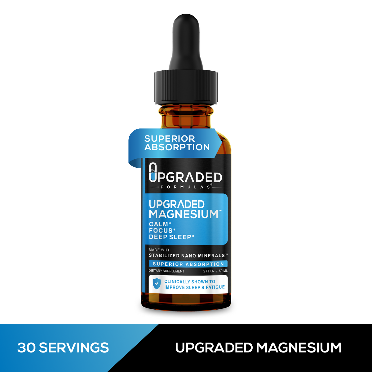 Bottle of Upgraded Magnesium supplement with dropper on a white background