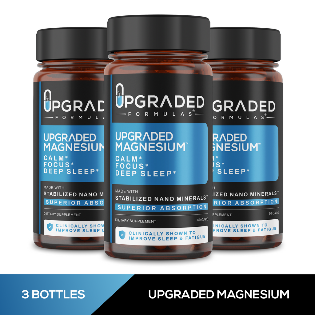 Three bottles of Upgraded Formulas Upgraded Magnesium on a white background