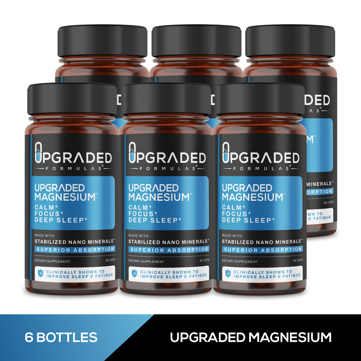 Six bottles of Upgraded Formulas Upgraded Magnesium on a white background