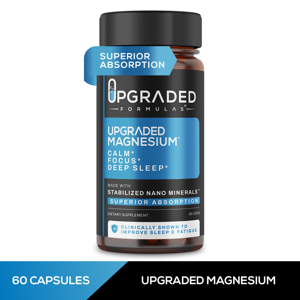 Bottle of Upgraded Magnesium supplement with blue and black label on a white background