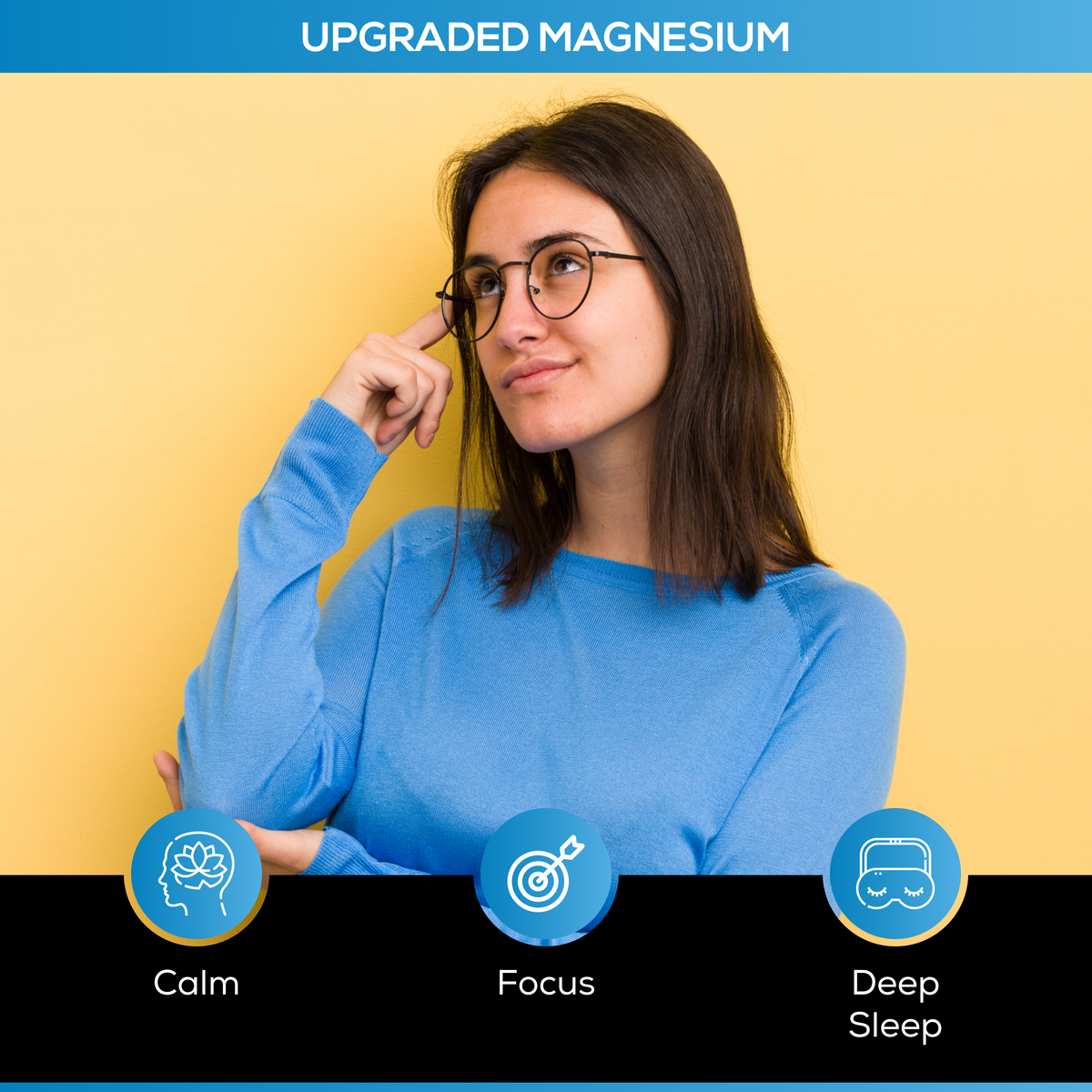 Woman in blue sweater with text 'Upgraded Magnesium' and icons for 'Calm', 'Focus', and 'Deep Sleep' on a yellow background.