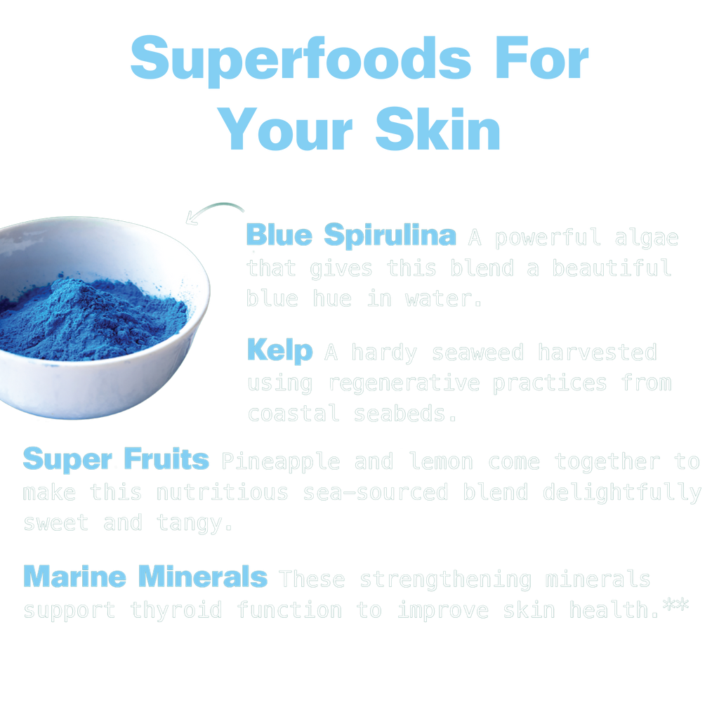 Superfoods for skin with blue spirulina powder in a bowl on a light gray background