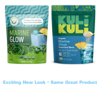 Two packages of Kuli Kuli Marine Glow superfood blend on a white background with text indicating a new look.