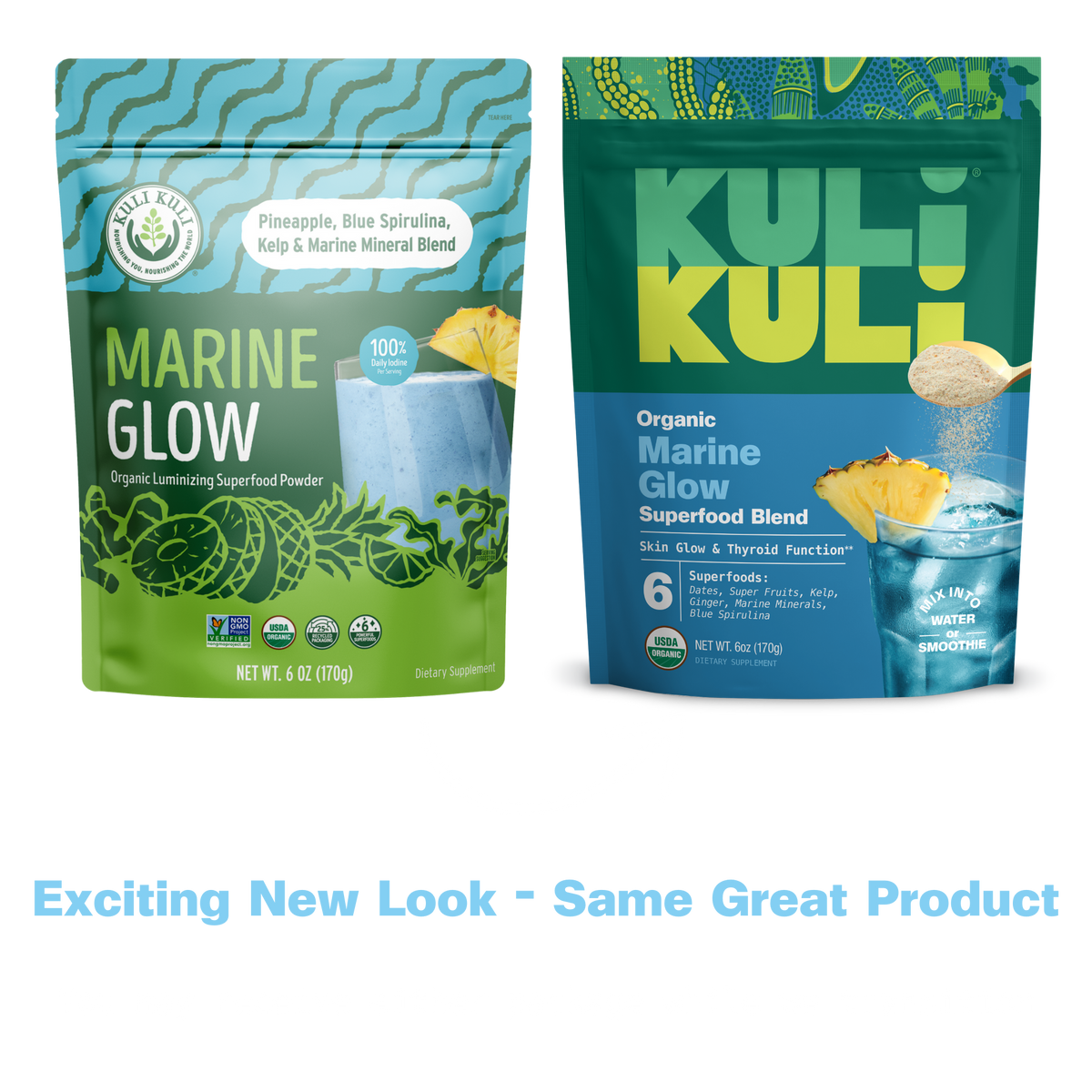 Two packages of Kuli Kuli Marine Glow superfood blend on a white background with text indicating a new look.