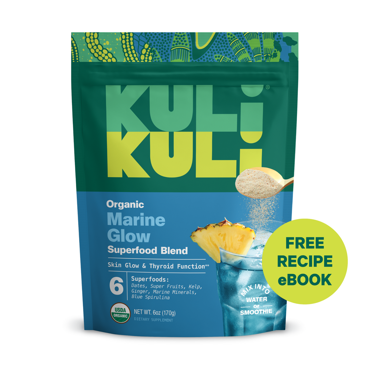 Kuli Kuli Organic Marine Glow Superfood Blend package with a free recipe eBook offer.