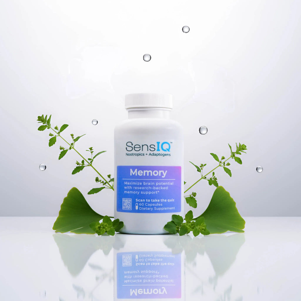 SensIQ Memory supplement bottle with green leaves on a reflective surface