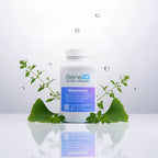 SensIQ Memory supplement bottle with green leaves on a reflective surface