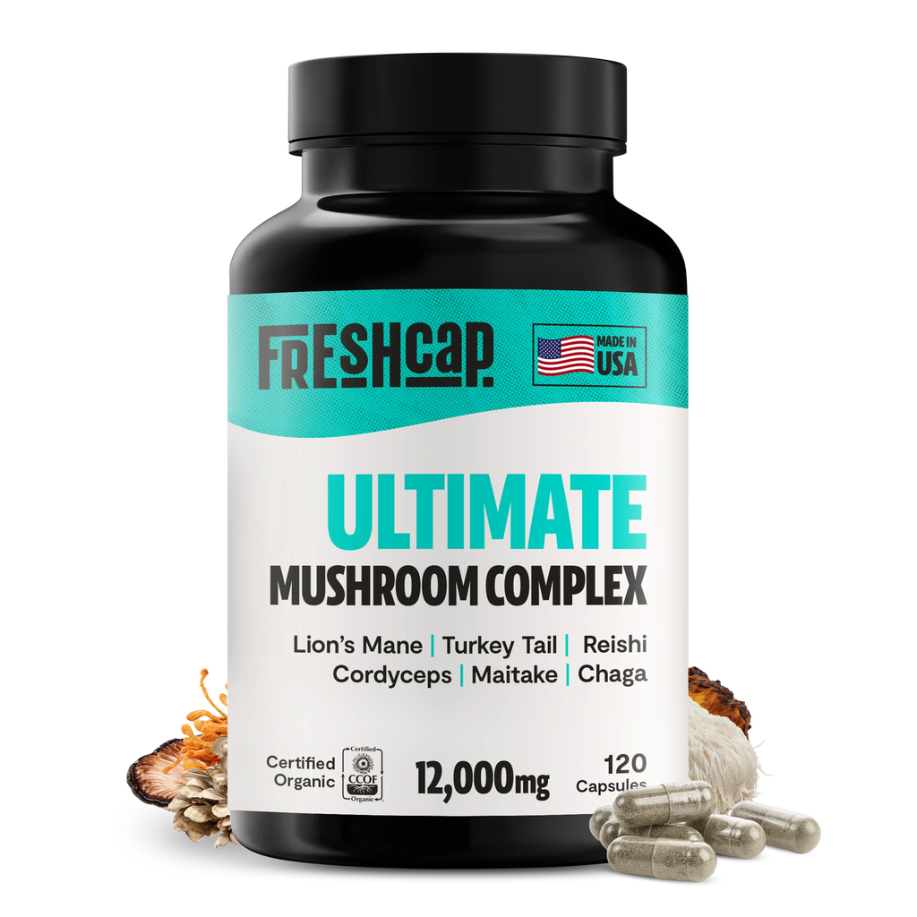 Bottle of Freshcap Ultimate Mushroom Complex supplement on a white background