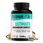 Bottle of Freshcap Ultimate Mushroom Complex supplement on a white background