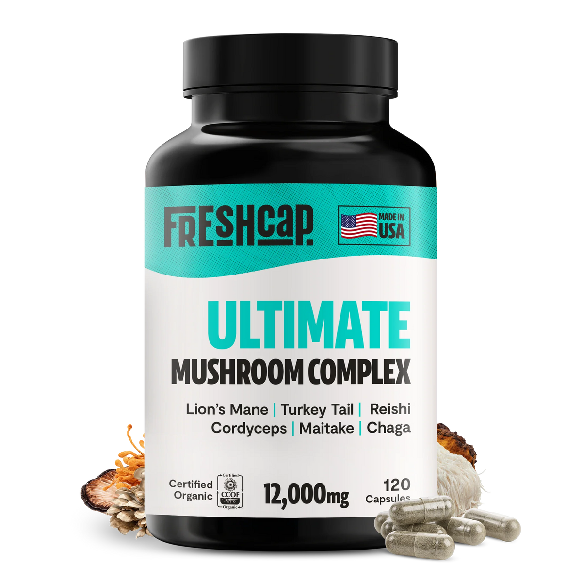 Bottle of Freshcap Ultimate Mushroom Complex supplement on a white background