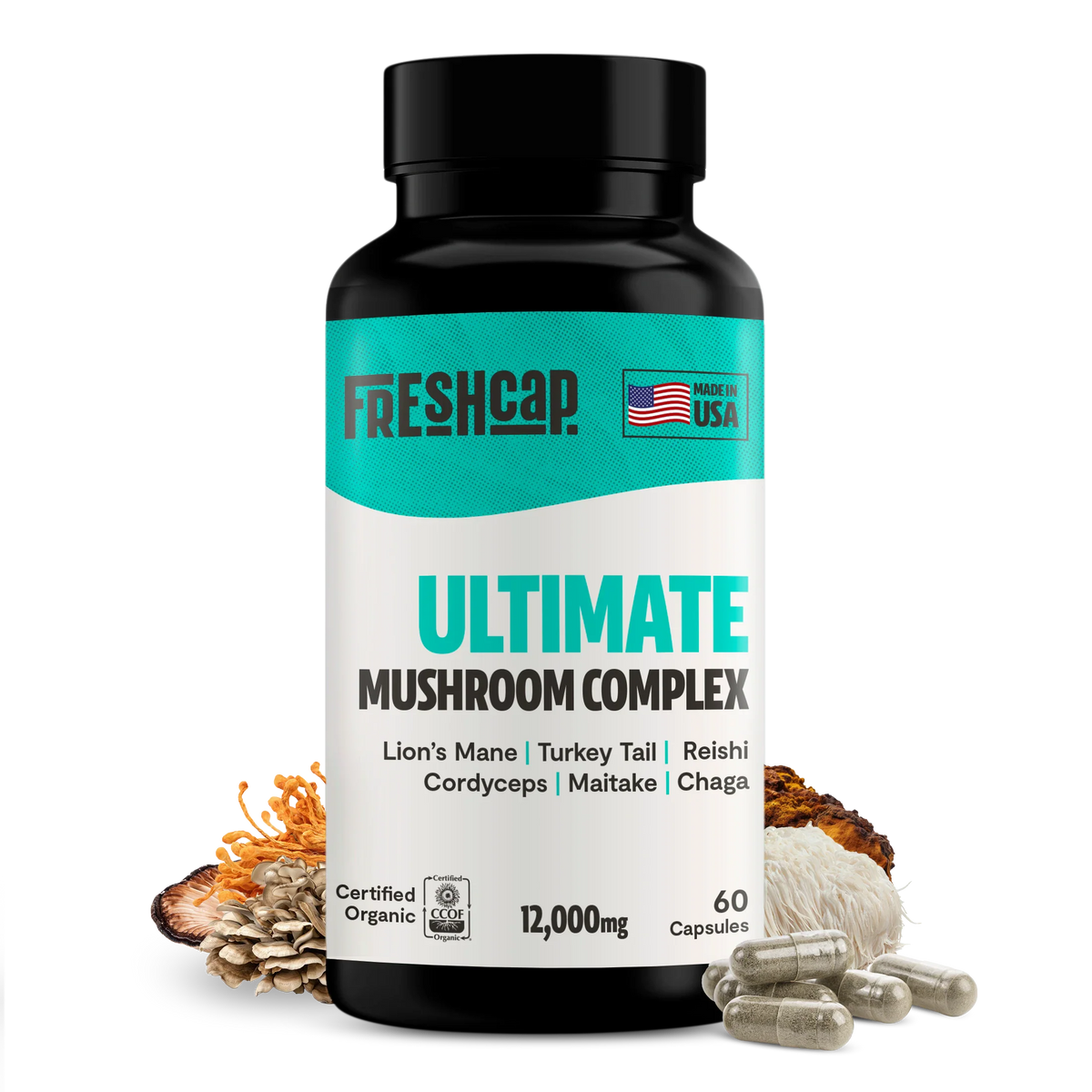 Freshcap Ultimate Mushroom Complex supplement bottle on a white background