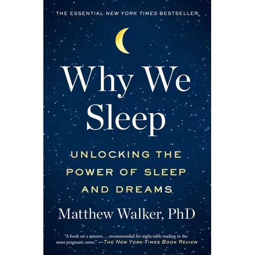 Book cover of 'Why We Sleep' with a night sky design and moon icon.