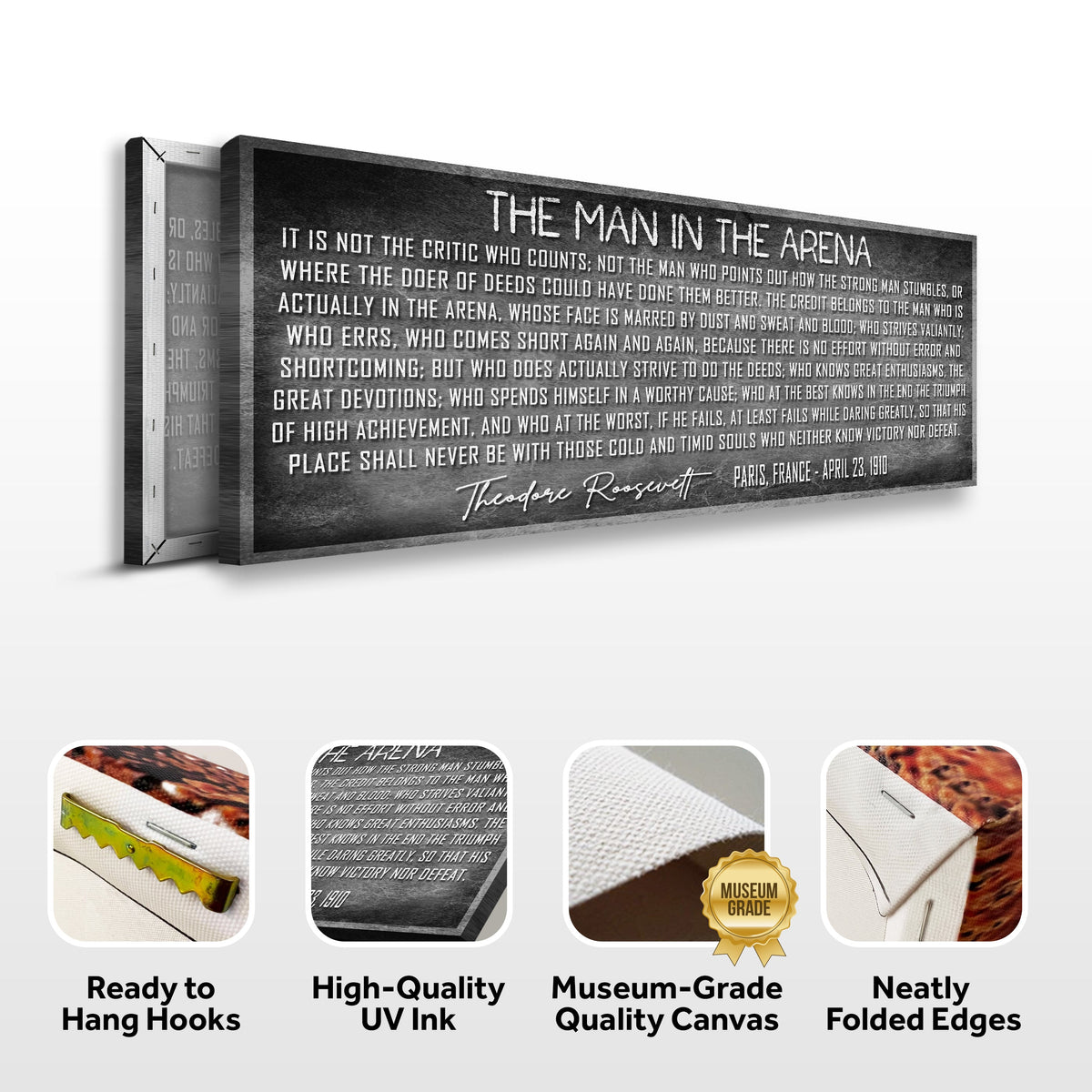 Framed canvas with a quote by Theodore Roosevelt, featuring high-quality UV ink and museum-grade canvas.