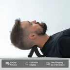 Man using a neck pillow against a white background with promotional text overlay.