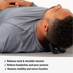 Person using a neck and shoulder massager with text highlighting its benefits.