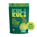 A green stand-up pouch of Kuli Kuli Organic Pure Moringa Powder on a white background, with a yellow-green circular badge that says 'FREE RECIPE eBook'.