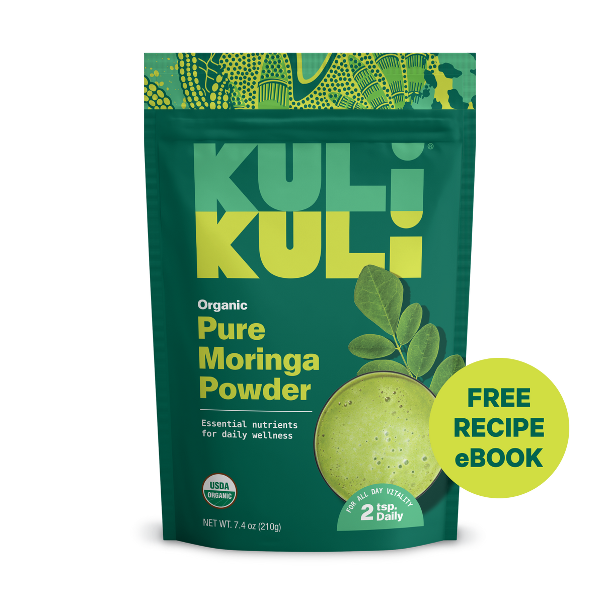 A green stand-up pouch of Kuli Kuli Organic Pure Moringa Powder on a white background, with a yellow-green circular badge that says 'FREE RECIPE eBook'.