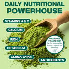 Green powder supplement labeled 'DAILY NUTRITIONAL POWERHOUSE' with a wooden scoop holding bright green powder on a pale green background. Text highlights vitamins A & C, calcium, iron, potassium, amino acids, and antioxidants, with a circular callout describing the flavor as earthy and matcha-like.