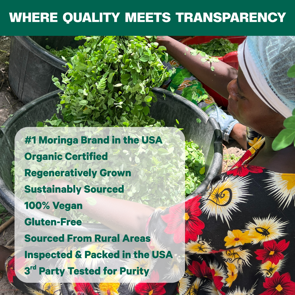 Promotional graphic for Moringa brand featuring a woman in a floral dress and white hairnet sorting green moringa leaves into black buckets. A dark green banner at the top reads 'WHERE QUALITY MEETS TRANSPARENCY' and a semi-transparent white box lists product claims including '#1 Moringa Brand in the USA', 'Organic Certified', and 'Sustainably Sourced'.