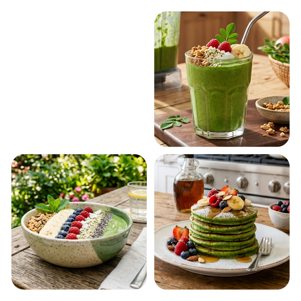 A three-panel collage showing green smoothies, green pancakes, and a green drink in bowls on a wooden table, with kitchen and garden backgrounds.