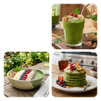 A three-panel collage showing green smoothies, green pancakes, and a green drink in bowls on a wooden table, with kitchen and garden backgrounds.