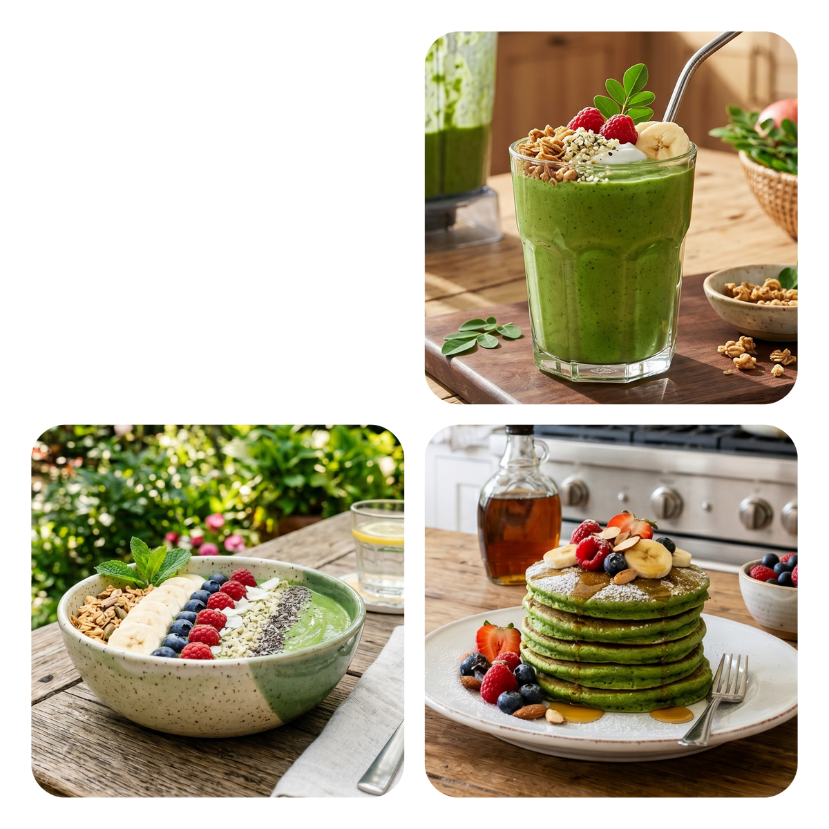 A three-panel collage showing green smoothies, green pancakes, and a green drink in bowls on a wooden table, with kitchen and garden backgrounds.
