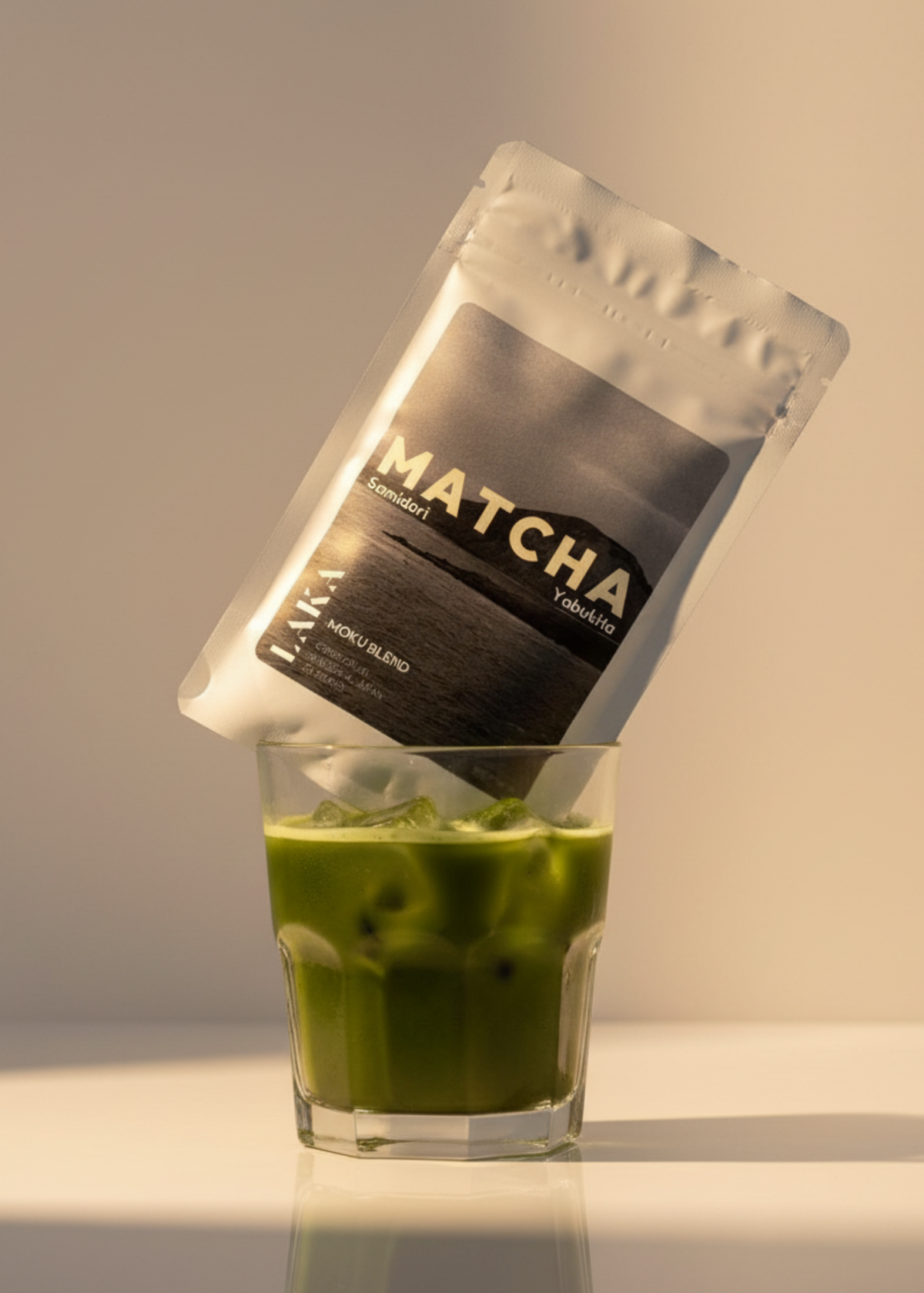 Matcha powder package and a glass of matcha on a neutral background