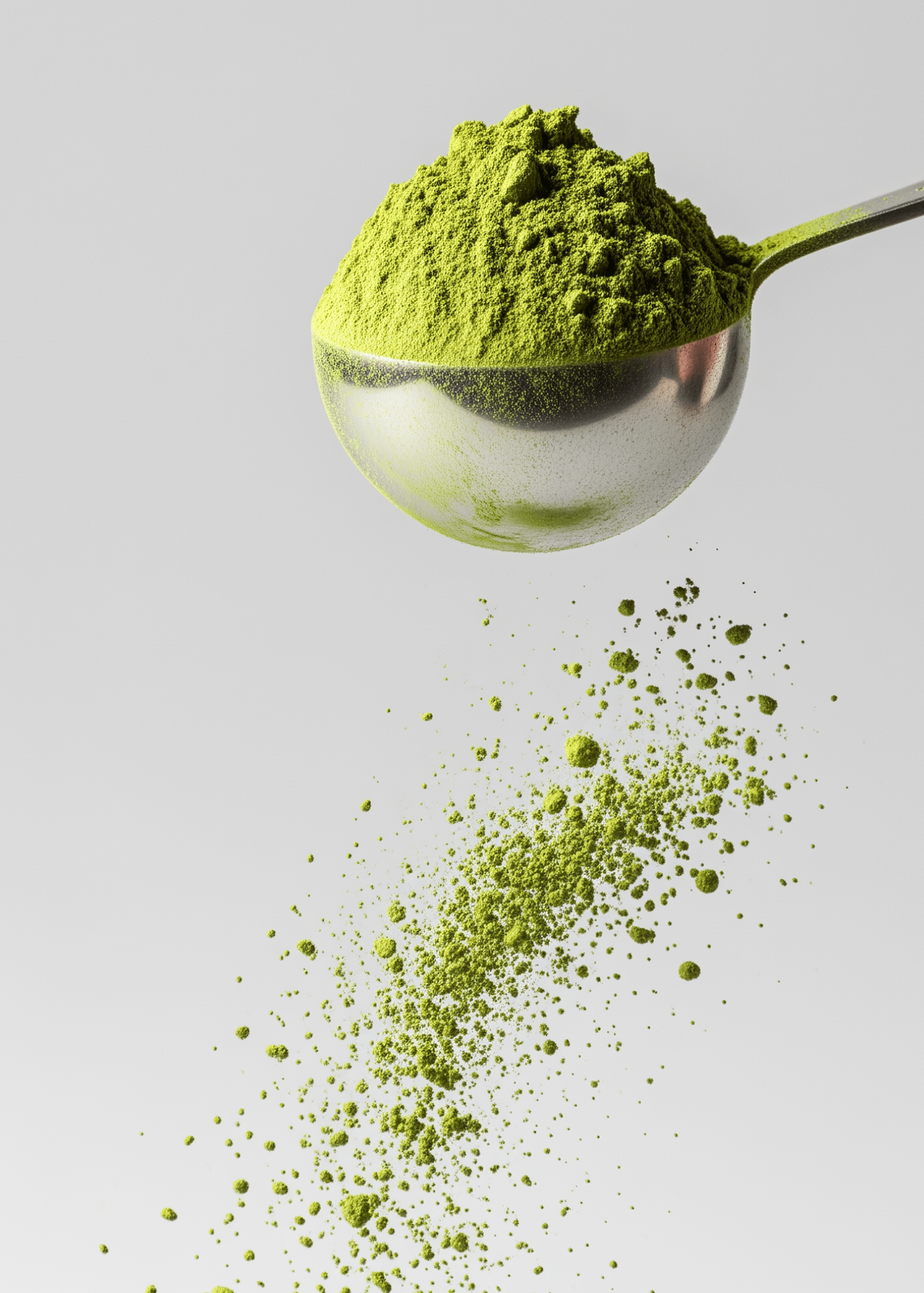 Spoonful of green matcha powder spilling onto a light gray background