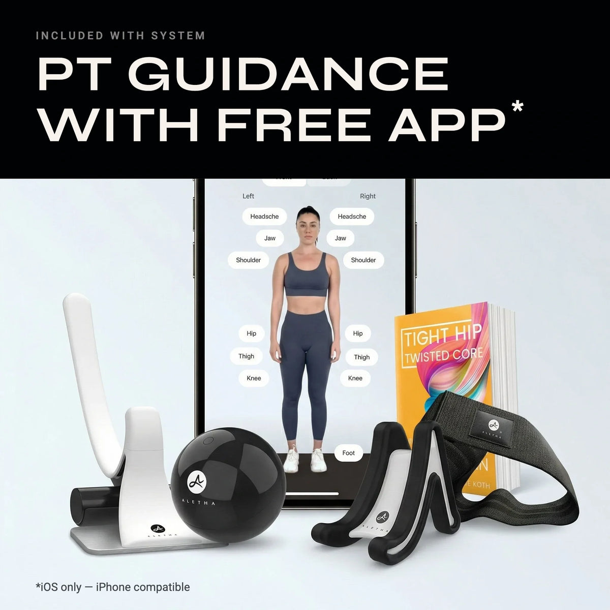 Fitness equipment with a tablet displaying a body scan app and text about PT guidance and a free app.