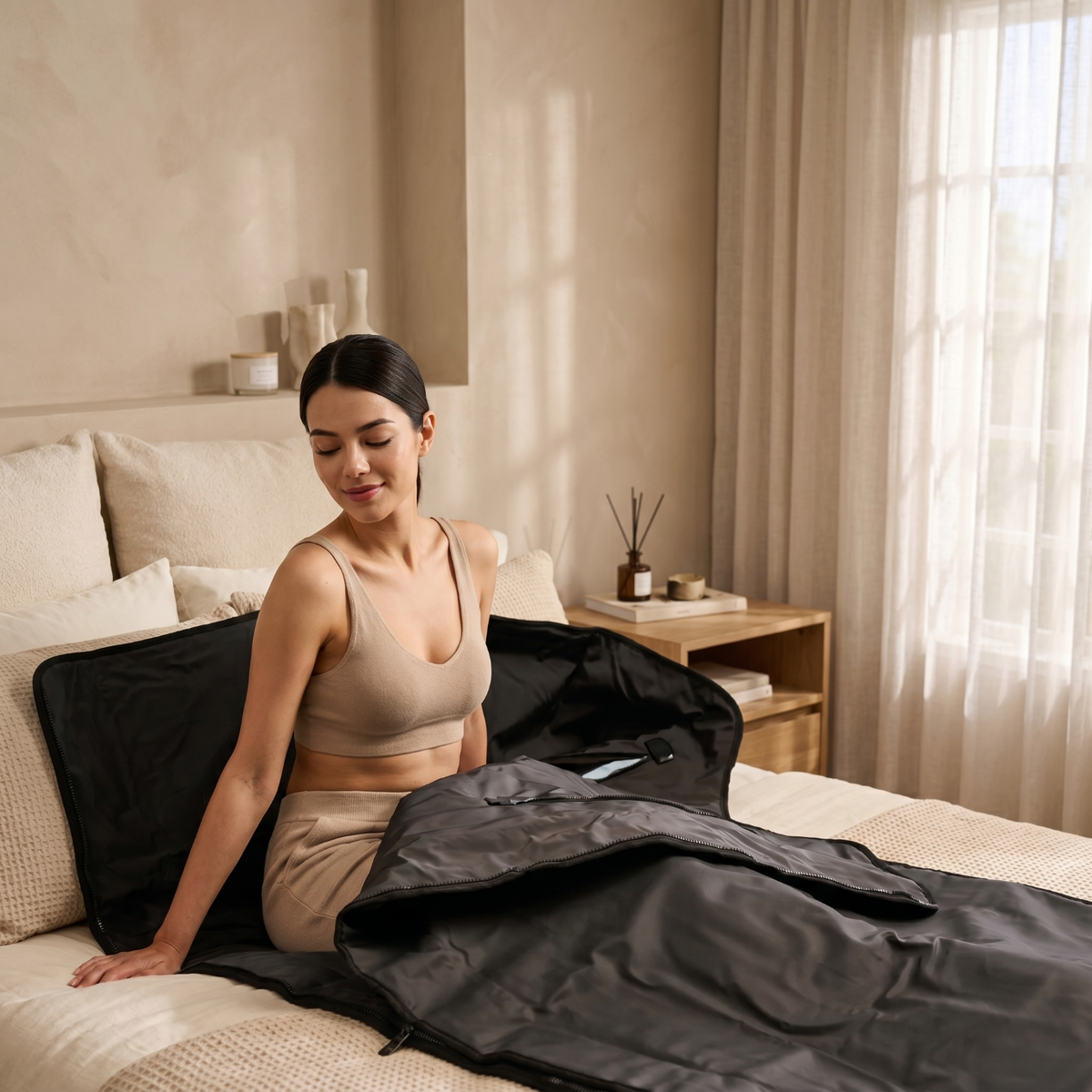 Woman sitting on a bed with a black jacket, in a bedroom setting.