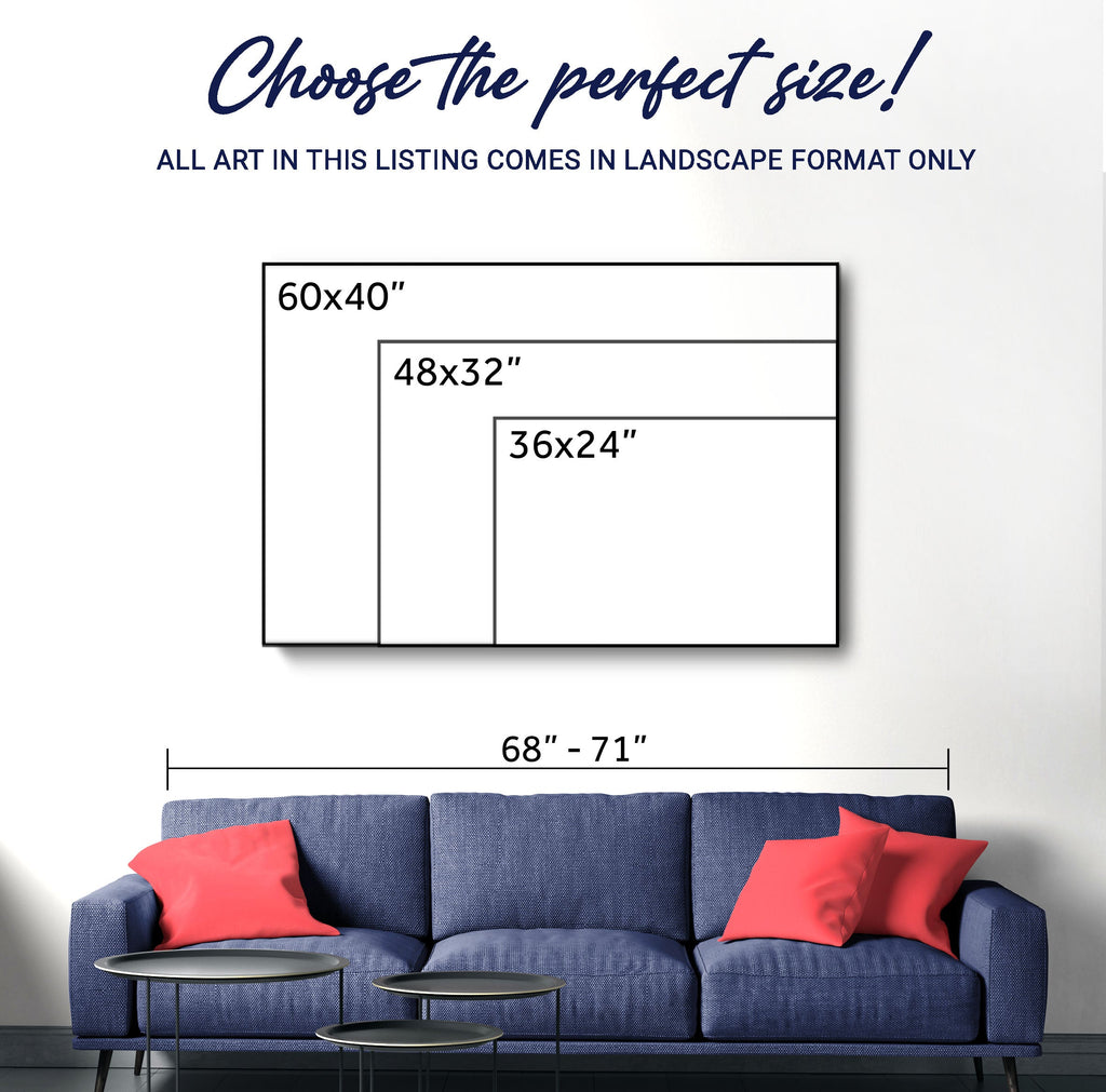 Wall art size chart with dimensions displayed above a blue sofa and red pillows.