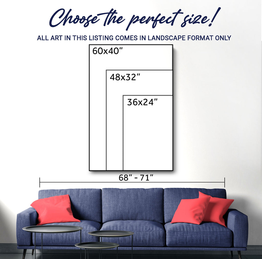 Dimensions of a framed artwork displayed above a blue sofa with red pillows.