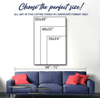 Dimensions of a framed artwork displayed above a blue sofa with red pillows.