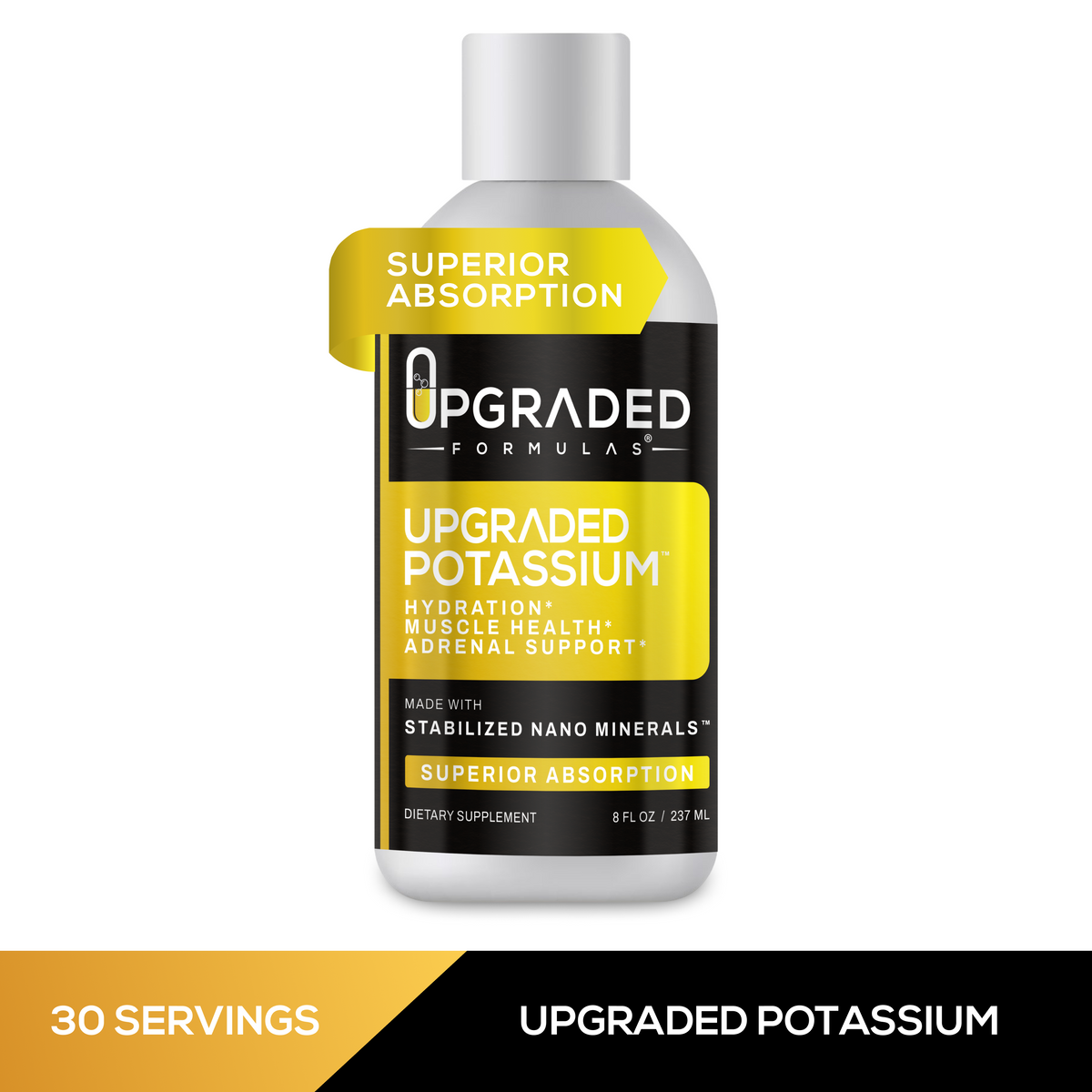 Supplement bottle labeled 'Upgraded Formulas' with yellow and black label on a white background
