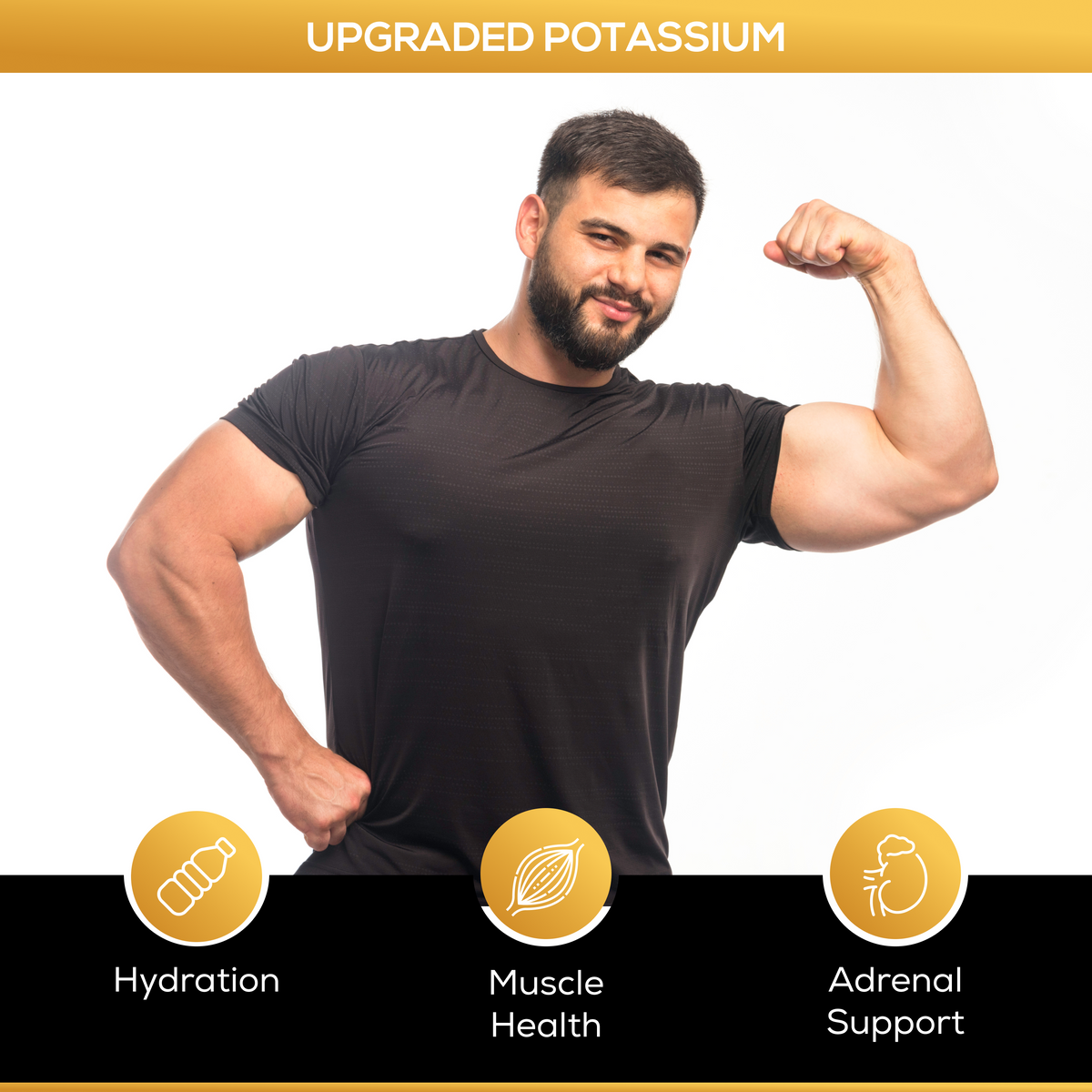 Man flexing muscles with health benefits text and icons on a white background