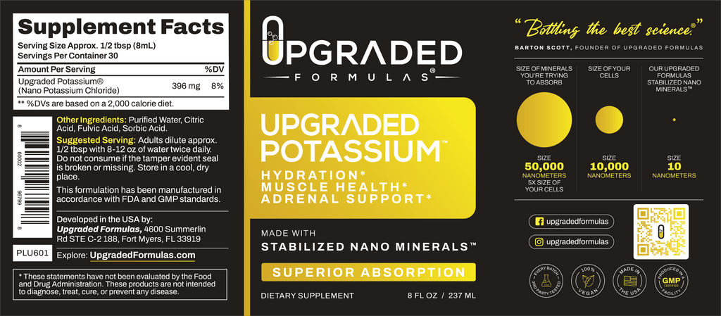 Supplement label for 'Upgraded Formulas' potassium supplement on a black background